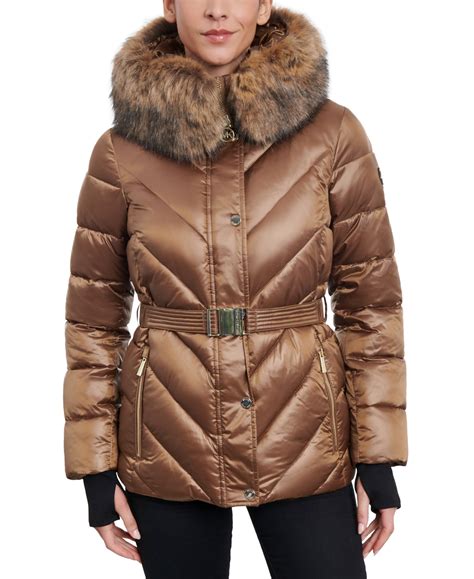 michael michael kors women's belted faux-fur-trim hooded maxi puffer coat|michael michael kors hooded faux fur trim belted down puffer coat.